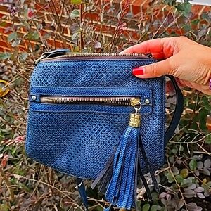 Blue Textured Faux Leather Crossbody Purse